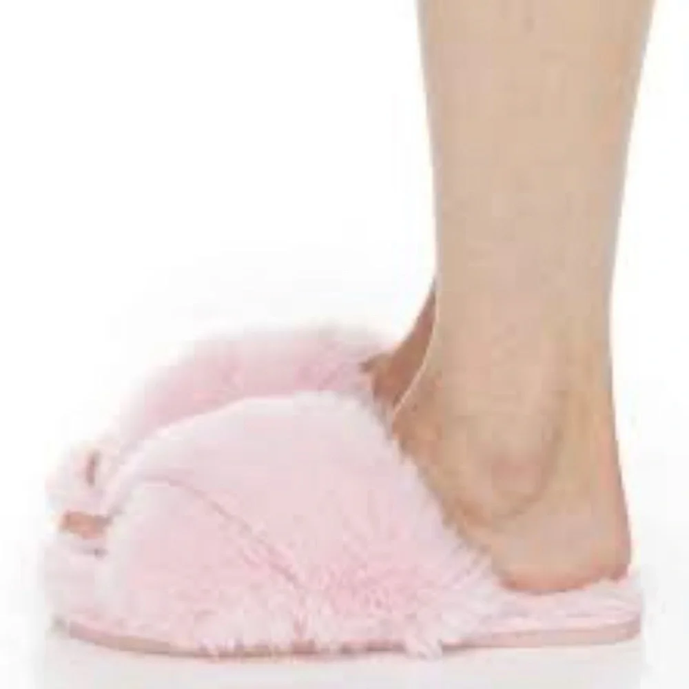Nwt Flora by Flora Nikrooz cross band faux fur fluffy slippers in multiple sizes - Picture 2 of 8